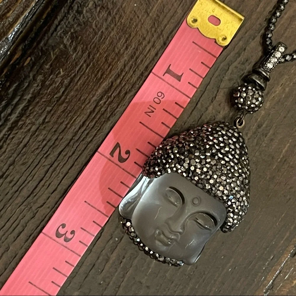 Glass Buddha pendant necklace with in pyrite/ Hematite beads. 32 inches long. - Picture 9 of 10